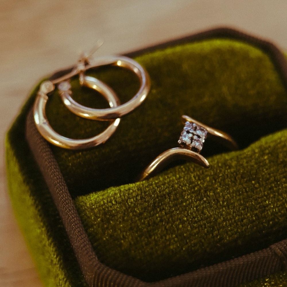 14k Solid Gold Ring with Diamonds + 10k Gold Small Hoop Earrings